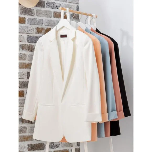 NEW Classic Collar Mid Length Side Pocket Open Front Cardigan Long Blazer Ivory - Picture 9 of 10